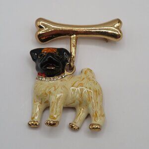 Bulldog with Bone Enamel Rhinestone Gold Tone Brooch